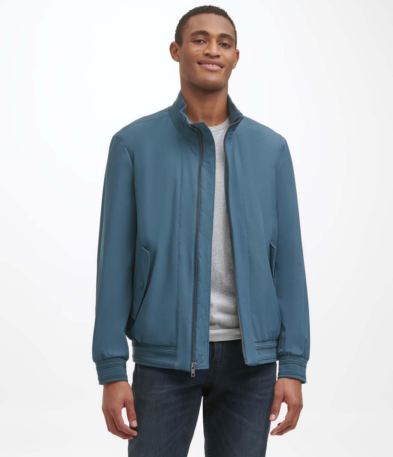 Andrew Marc Buxton Funnel Neck Bomber Jacket With Knit Trim in Blue for ...