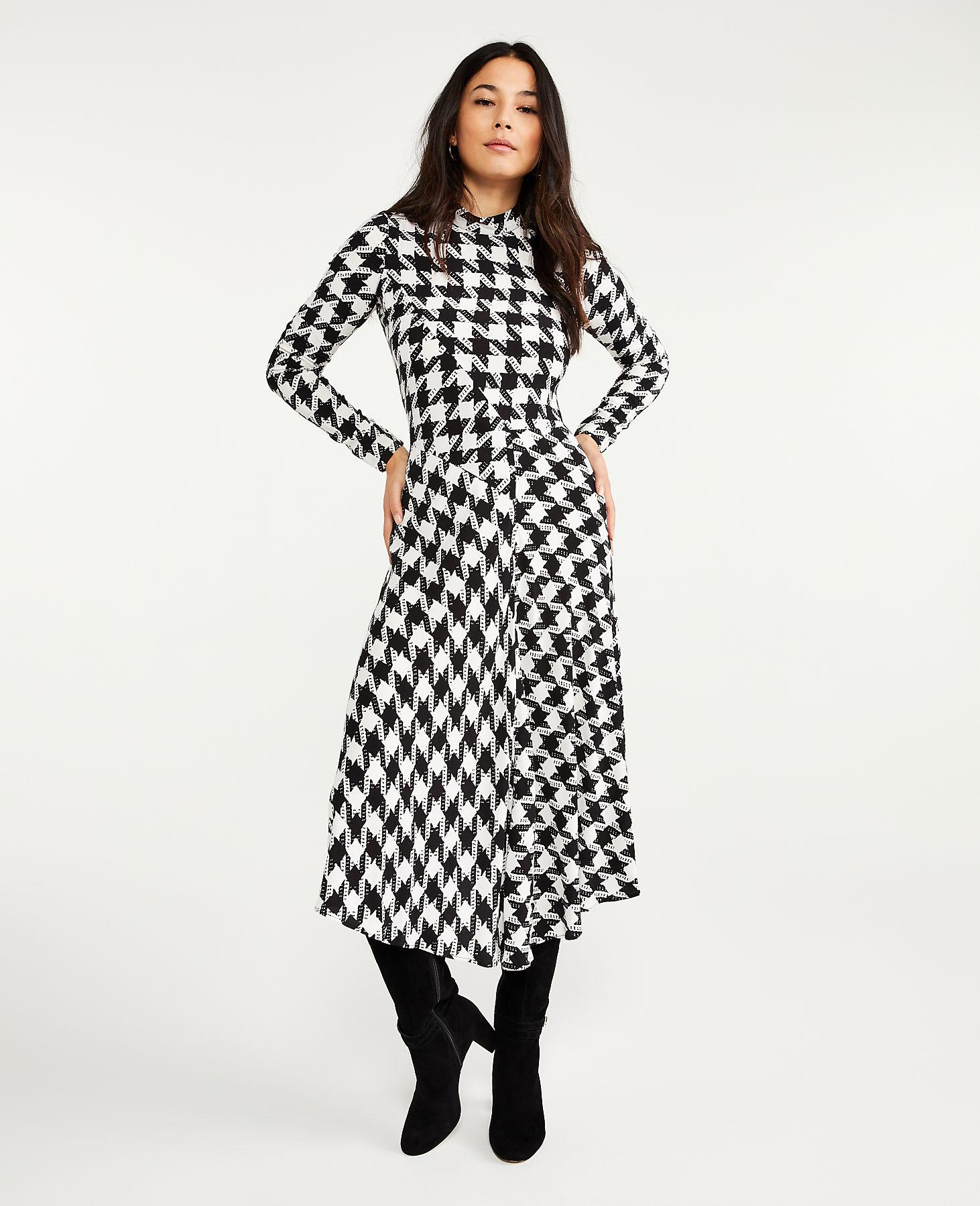 Ann Taylor Houndstooth Mock Neck Midi 