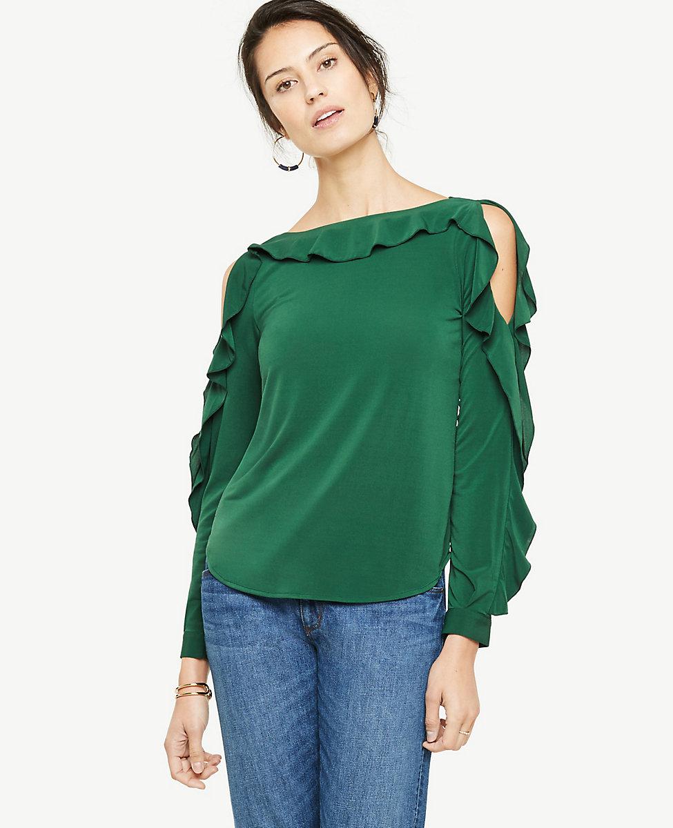 Lyst - Ann taylor Ruffle Cold Shoulder Top in Green