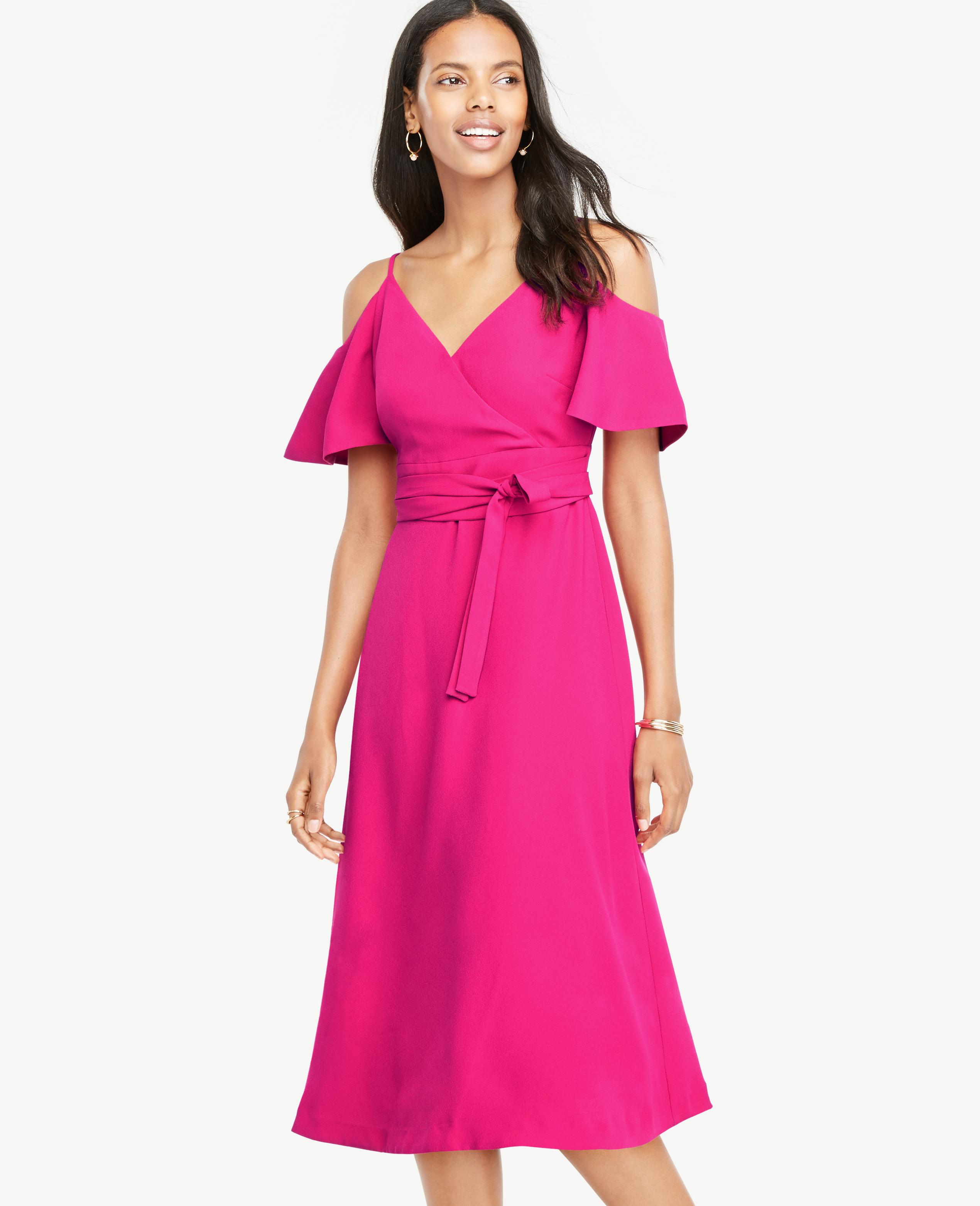 Ann Taylor Synthetic Petite Cold Shoulder Belted Wrap Dress In Hot