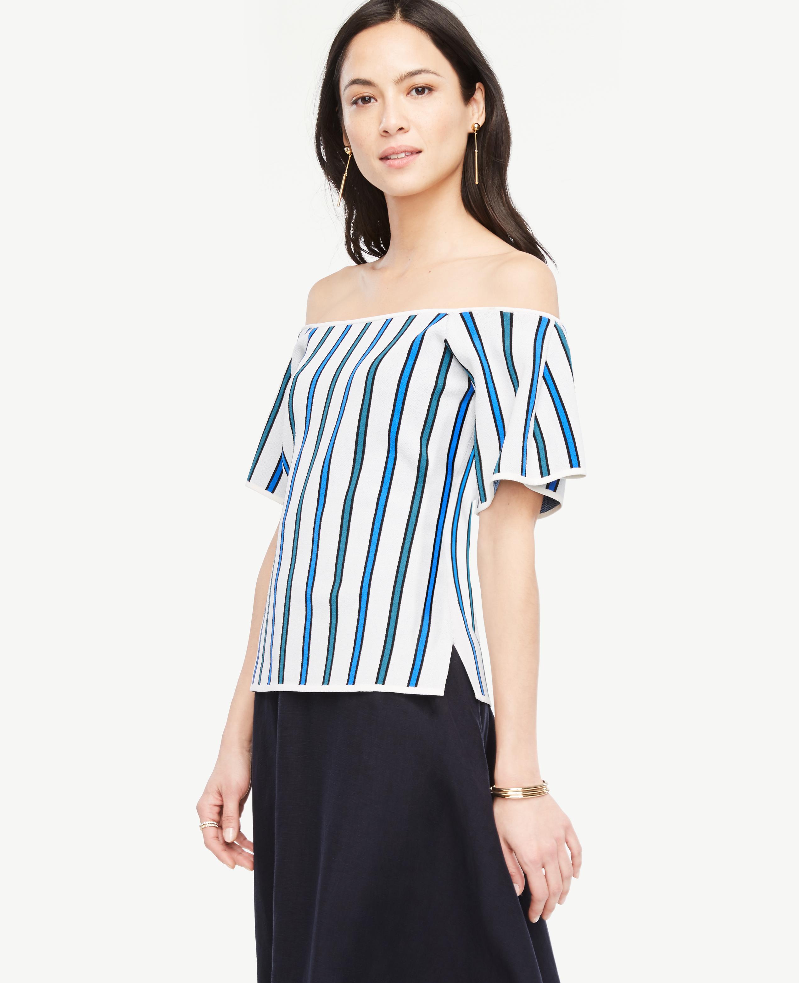 Ann taylor Striped Off The Shoulder Sweater in Blue | Lyst