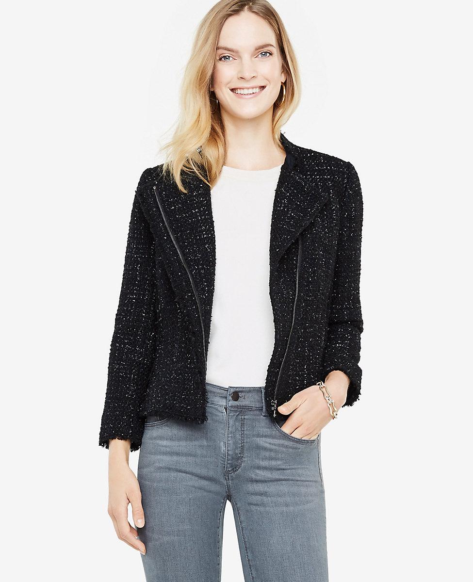Ann Taylor Petite Shimmer Tweed Moto Jacket in Black Lyst