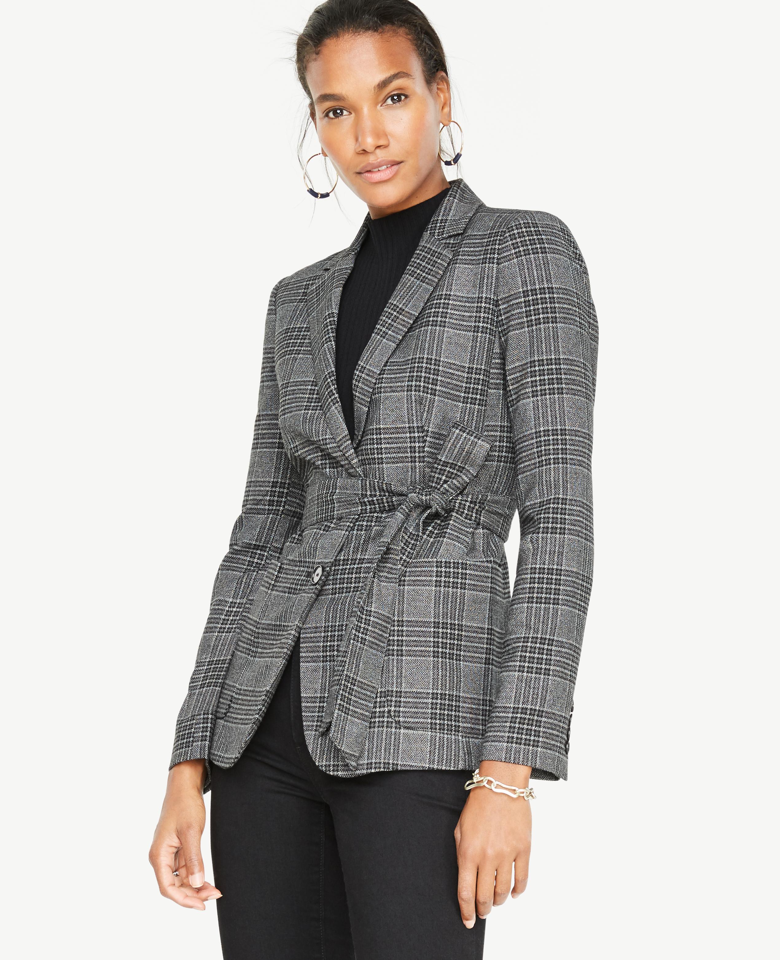 Ann taylor Petite Menswear Plaid Belted Blazer in Gray | Lyst