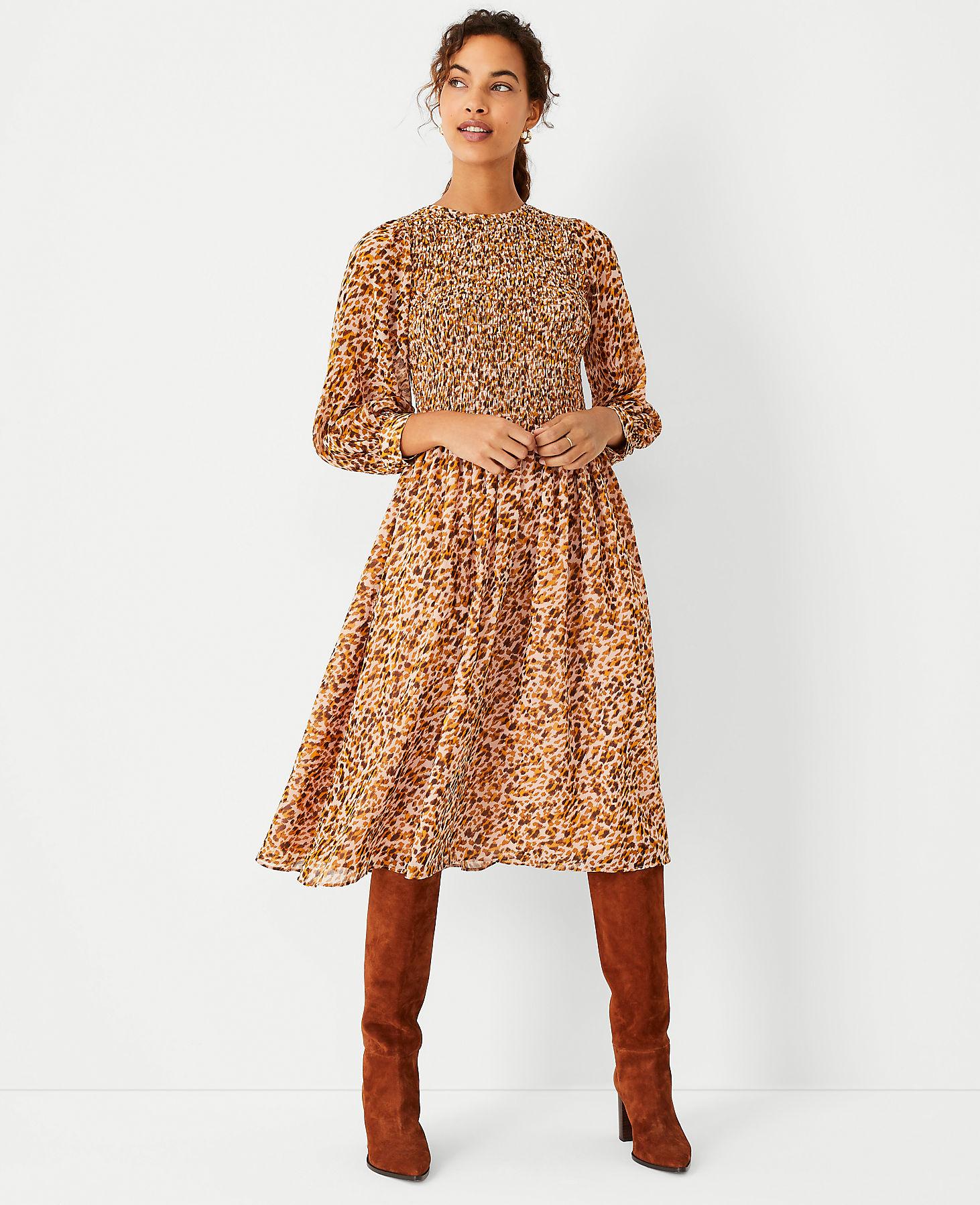 Ann Taylor Animal Print Smocked Dress 