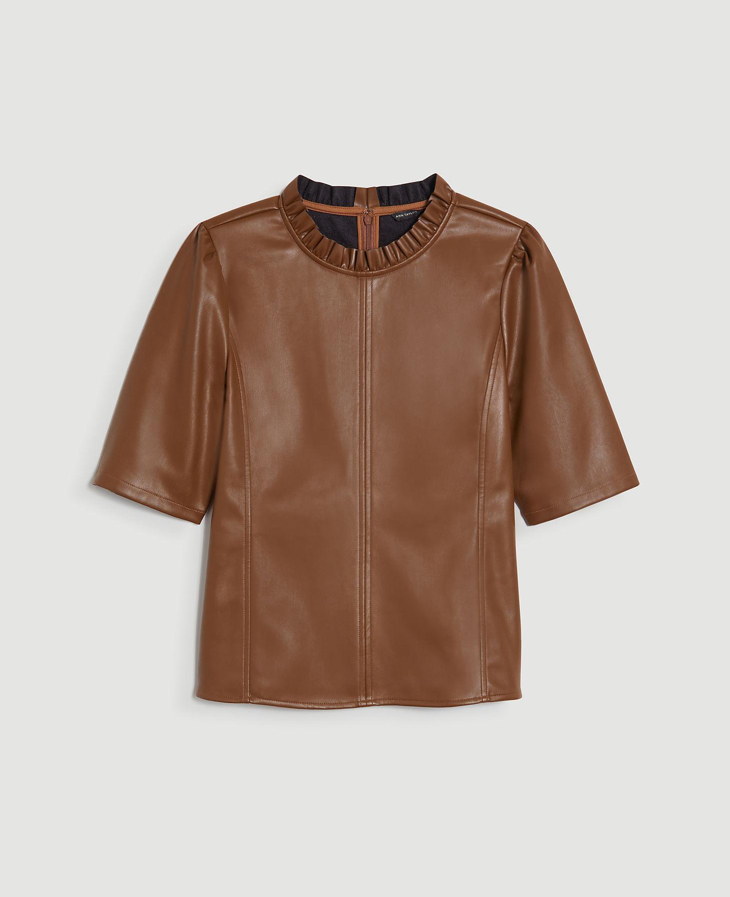 Ann Taylor Faux Leather Ruffle Neck Top 
