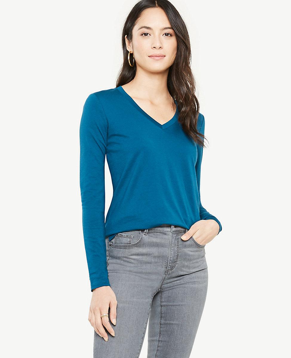 Ann Taylor Pima Cotton V-neck Long Sleeve Tee in Blue - Lyst