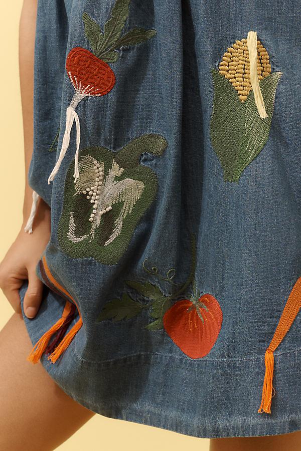 Maeve Sleeveless V-Neck Veggie Denim Mini Dress in Blue