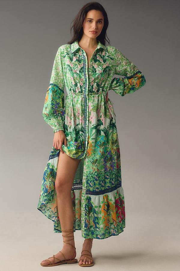 By Anthropologie Long-sleeve Printed Maxi Shirt Dress in Green | Lyst UK