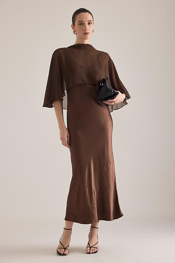 anthropologie brown satin dress By Casey Cape Overlay Midi in color:MAUVE ROSE 100% modal lining and couture girls dress Chloe Cashmere Bridesmaid Dress
