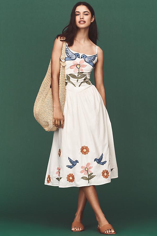 Corey Lynn Calter Calista Embroidered Basque-Waist Midi Dress in Green |  Lyst UK