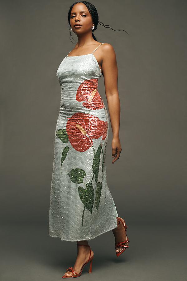 pink anthurium flowers slip maxi dress FARM Rio Sequin Anthurium Flowers Midi Slip Dress in Grey