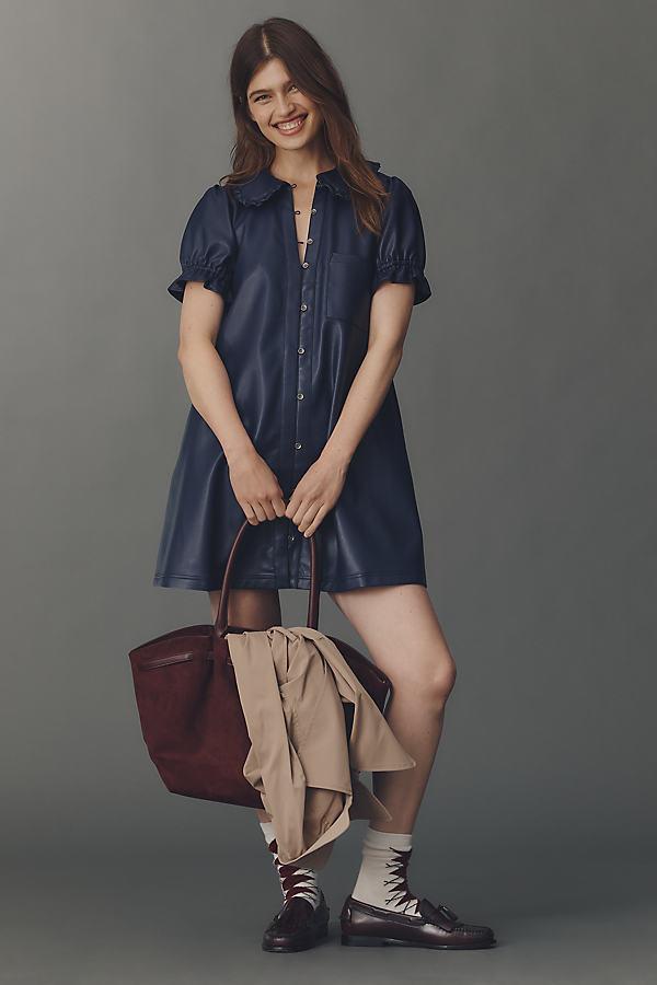 pilcro faux leather short-sleeve zip-front mini dress Tommie Faux Leather Front-Zip Mini Shirtdress by Anthropologie in Black, Size: Large