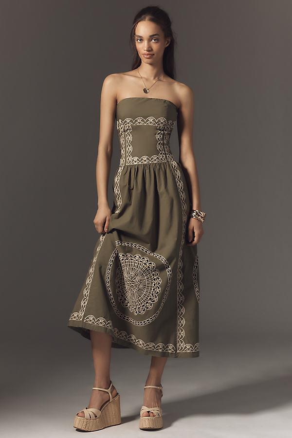 anthropologie brown strapless dress By Anthropologie Strapless Drop-Waist Midi Dress in Brown