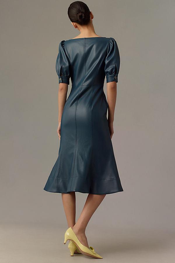 By Anthropologie Faux Leather Puff-Sleeve Zip-Front Midi Dress in