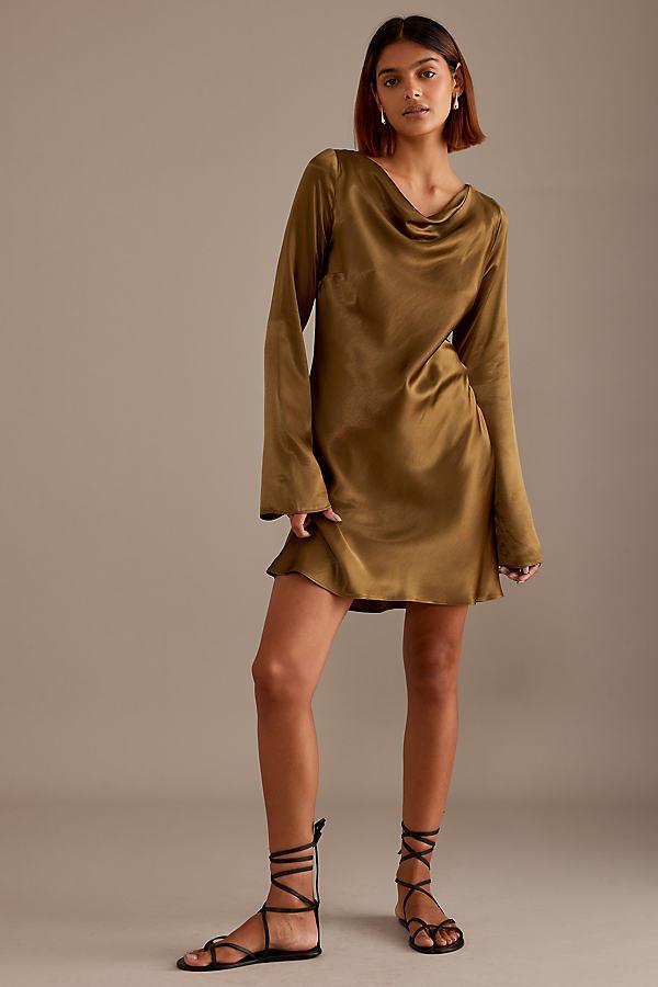 Anthropologie Long-Sleeve Satin Bias Cut Mini Slip Dress in Green | Lyst UK