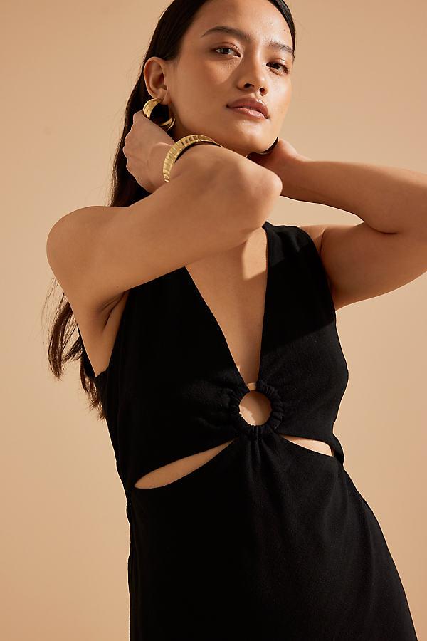 lola linen blend midi dress By Anthropologie Lola V-Neck Linen-Blend Midi Dress in Black