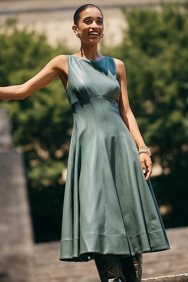 Anthropologie Green Satin Dress By Anthropologie Faux-Leather A-Line Midi  Dress In Green Lyst UK