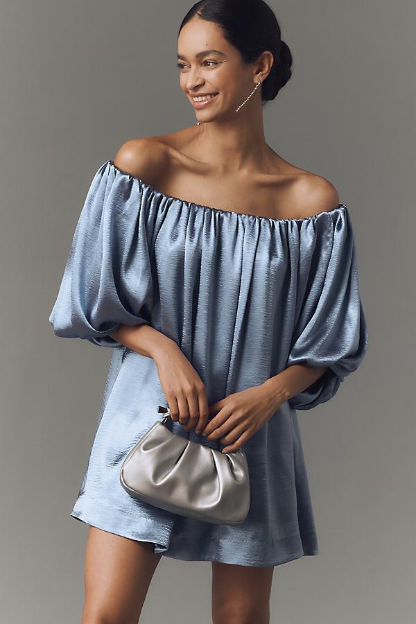 mare mare off-the-shoulder puff-sleeve shine mini dress Mare Mare Off-The-Shoulder Puff-Sleeve Shine Mini Dress in Grey