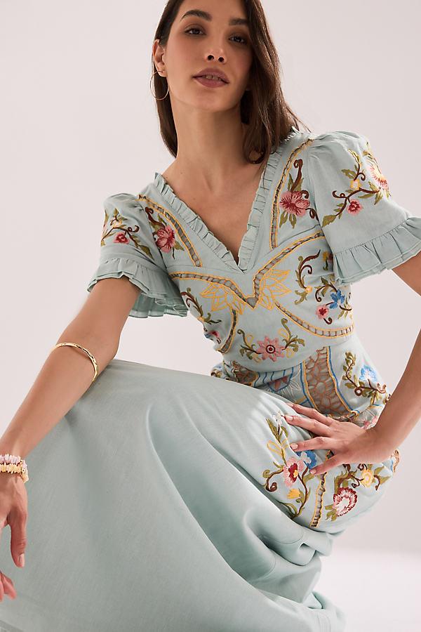 by anthropologie short-sleeve embroidery appliqu maxi dress By Anthropologie Short-Sleeve Embroidered Appliqu Midi Dress