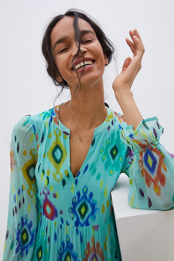 chinese dress ladies Anthropologie Maeve Somerset White Blue Floral A Line Tiered Maxi Dres   Brie