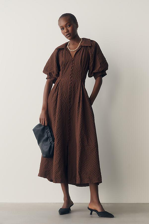 english factory puff sleeve textured midi shirt dress Puff Sleeve Midi Dress English Factory