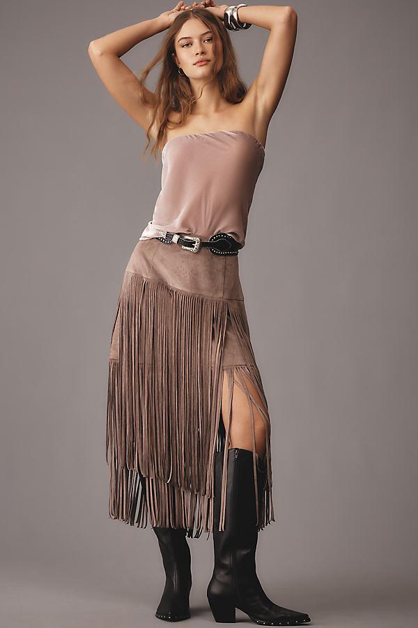 Mare Mare X Anthropologie Faux-Suede Fringe Midi Skirt in Grey