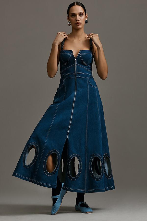 geisha designs denim dress Geisha Designs Square-neck Cutout Denim Maxi Dress in Blue