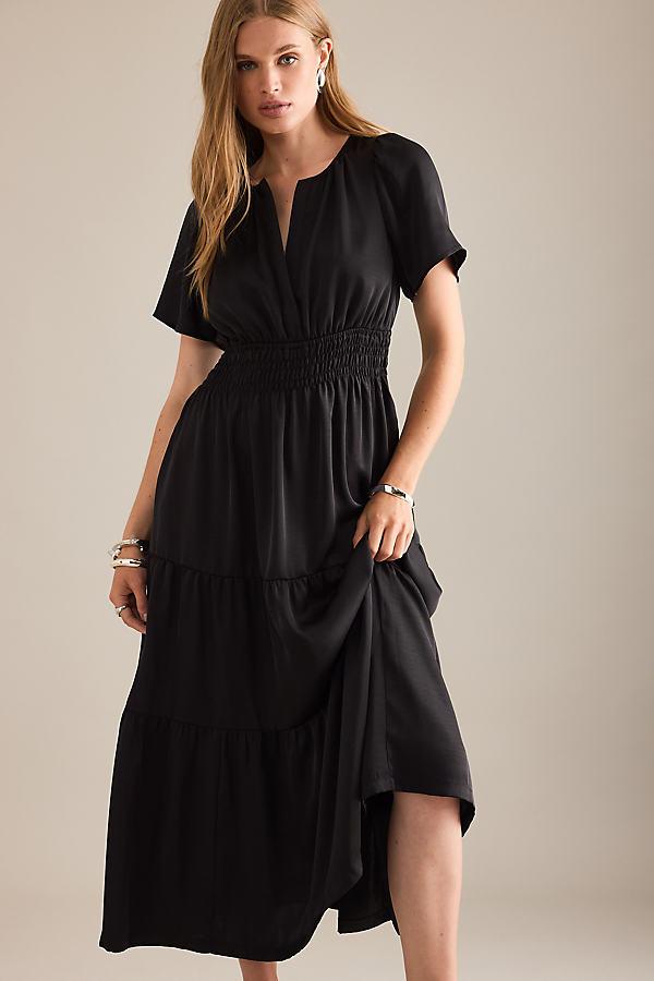 By Anthropologie Satin Waisted Tiered Maxi Dress in Black | Lyst UK
