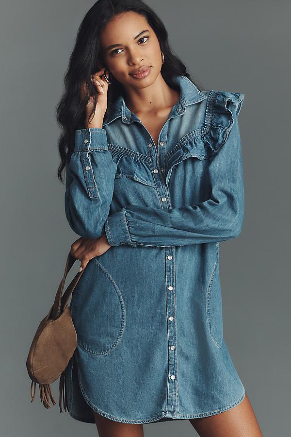 Pilcro Long-Sleeve Ruffled Denim Mini Shirt Dress in Blue | Lyst UK