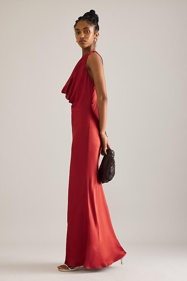 anthropologie red silk dress Gracie Cowl-neck Satin Slip Maxi Dress