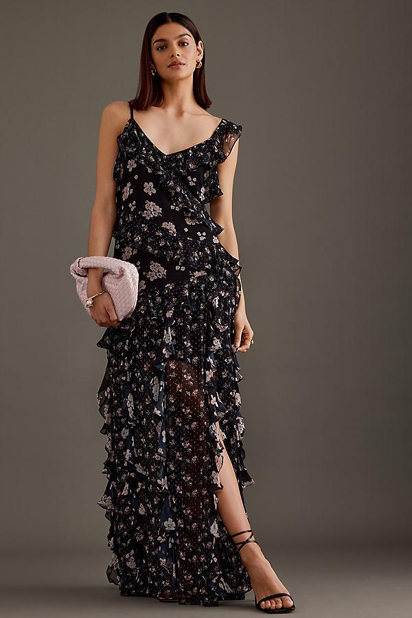 By Anthropologie Mixed Floral Ruffle Maxi Dress in Black | Lyst UK