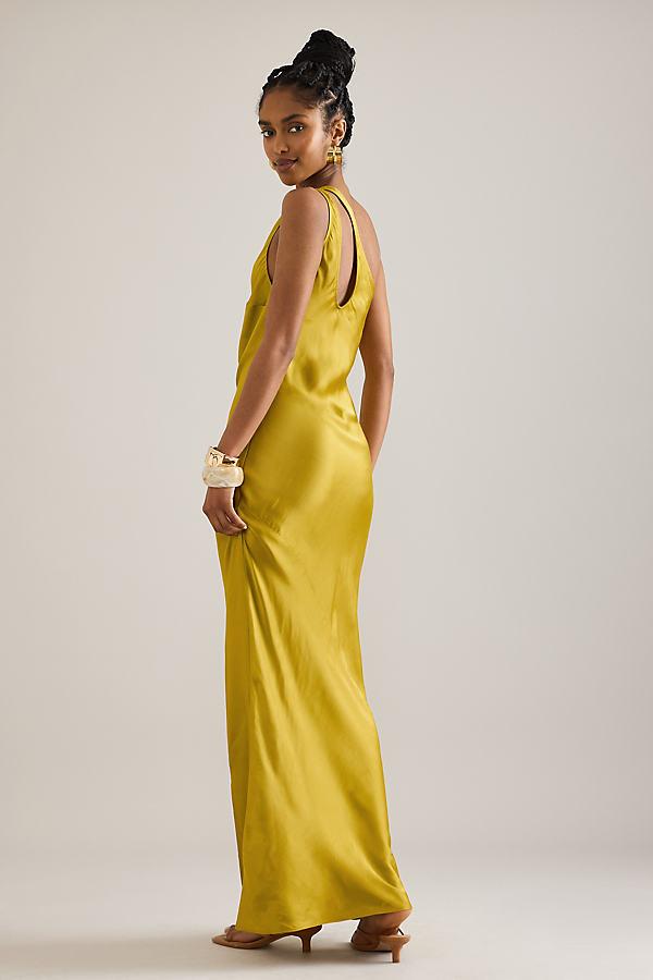 anthropologie yellow satin dress By Anthropologie The Lily One-Shoulder Satin Maxi Slip Dress in Metallic
