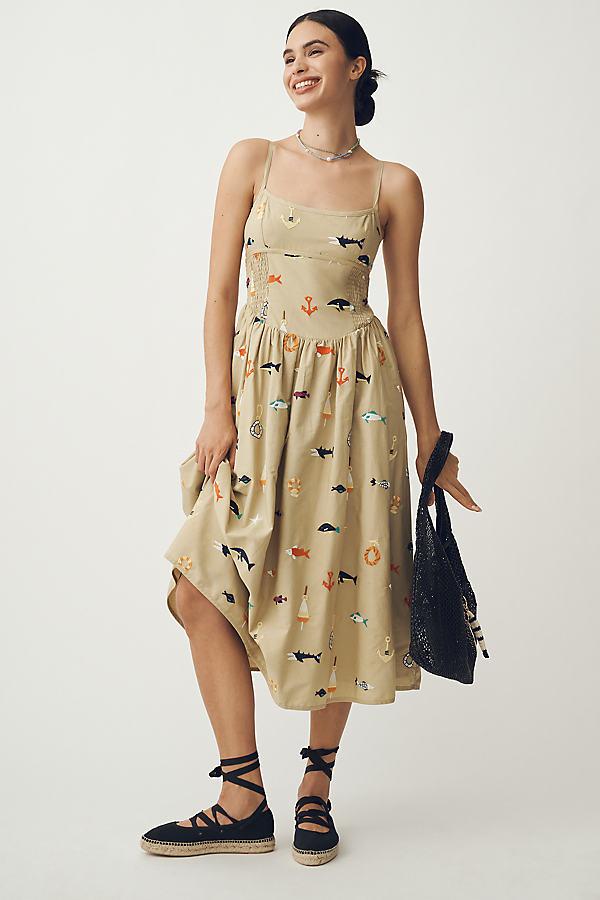 Maeve Sleeveless Square-Neck Drop-Waist Midi Dress in Natural | Lyst UK