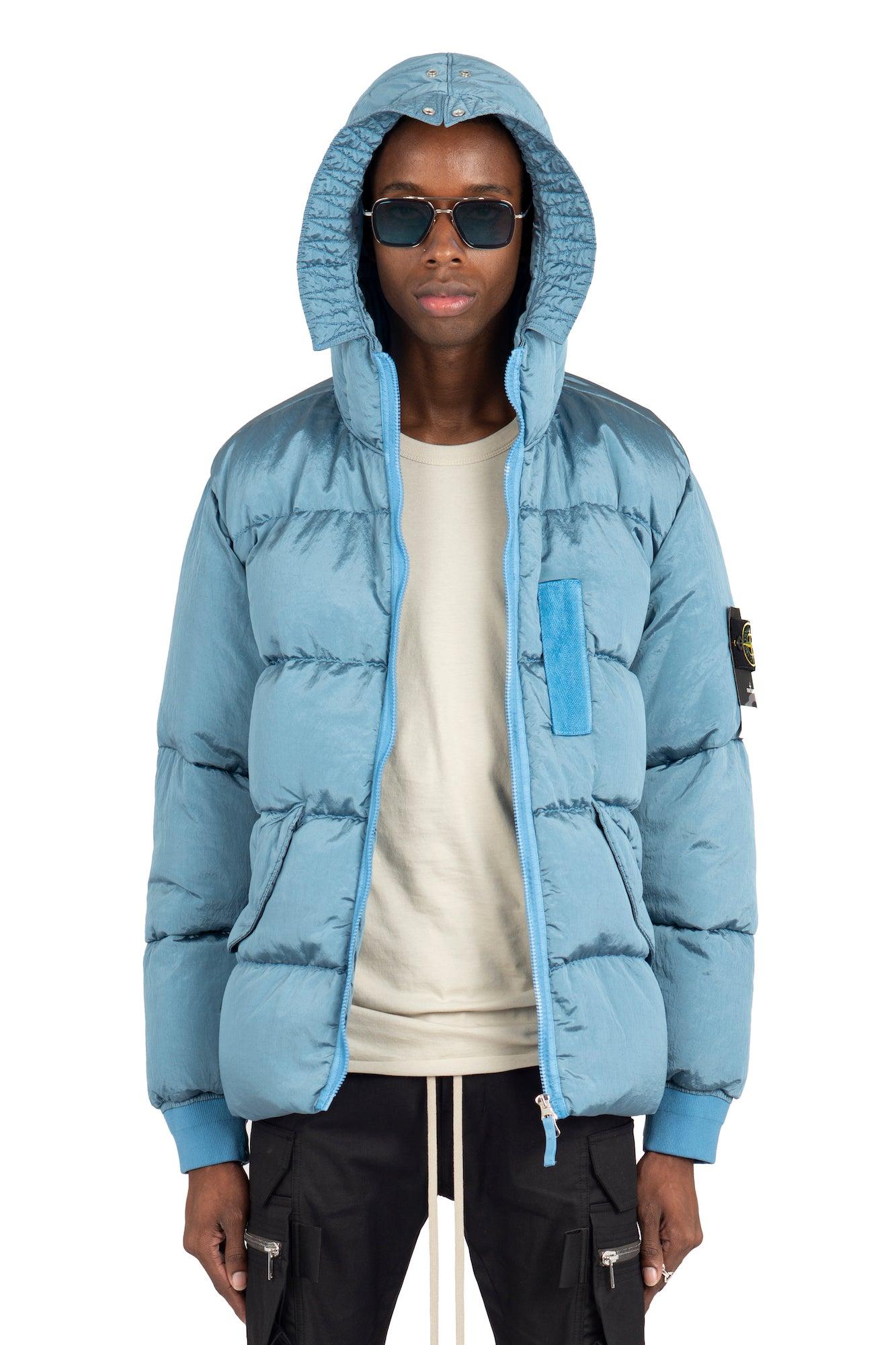 Stone Island Mid Blue Hooded Down Jacket for Men | Lyst