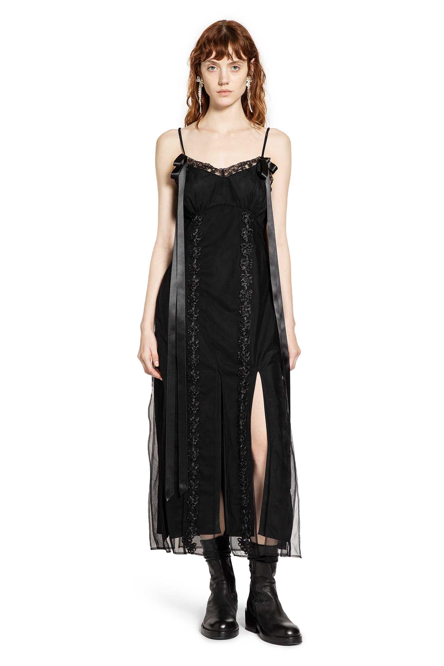 Simone Rocha Layered Ribbon Daisy Chain Multi Slit Dress in Black