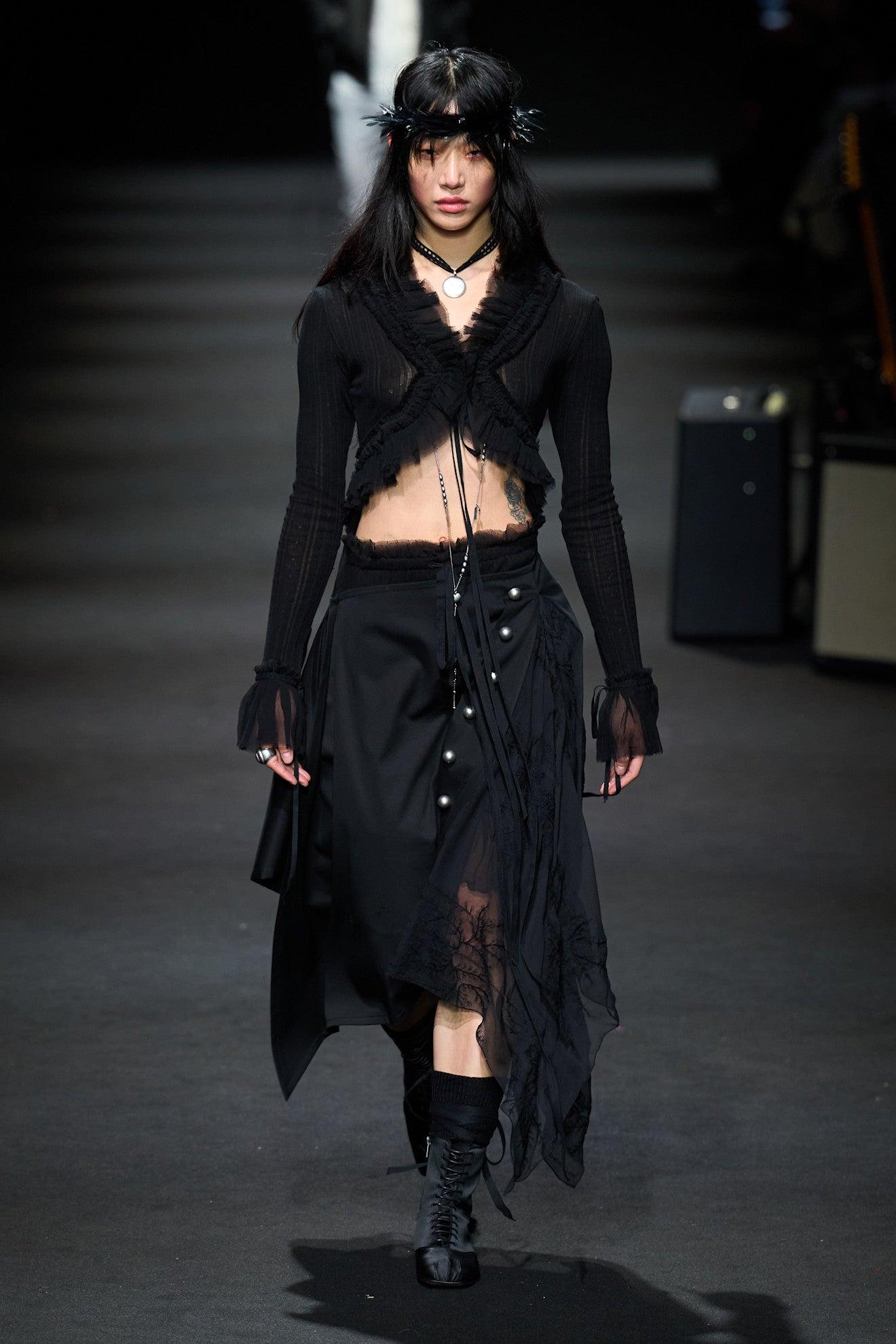 Ann Demeulemeester Nya Pointelle Knit Cropped Cardigan in Black