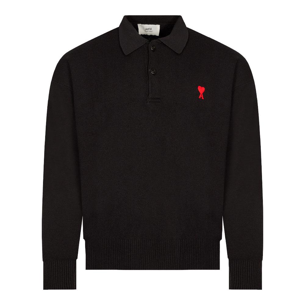 AMI Knitted Polo Shirt in Black for Men | Lyst