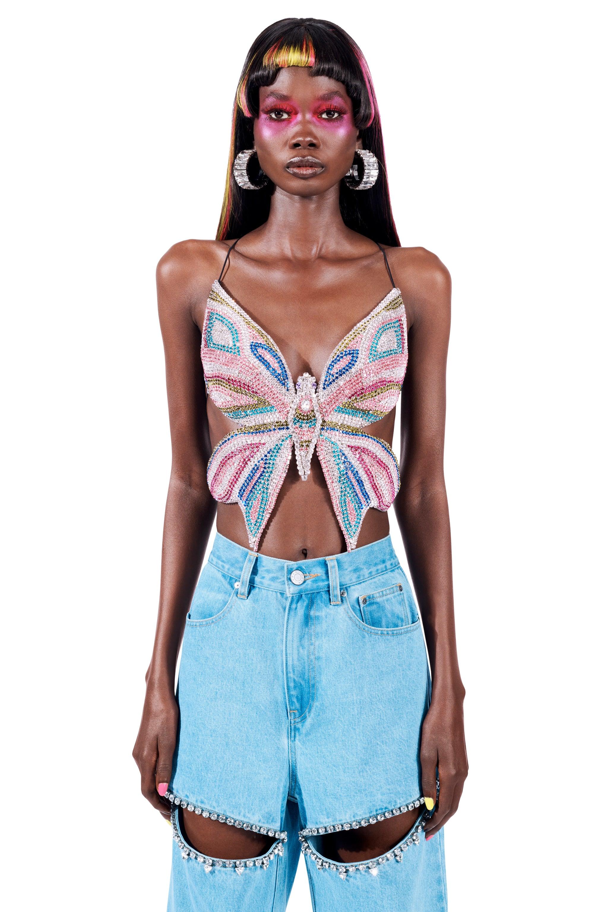 Area Embroidered Crystal Butterfly Top in Blue | Lyst
