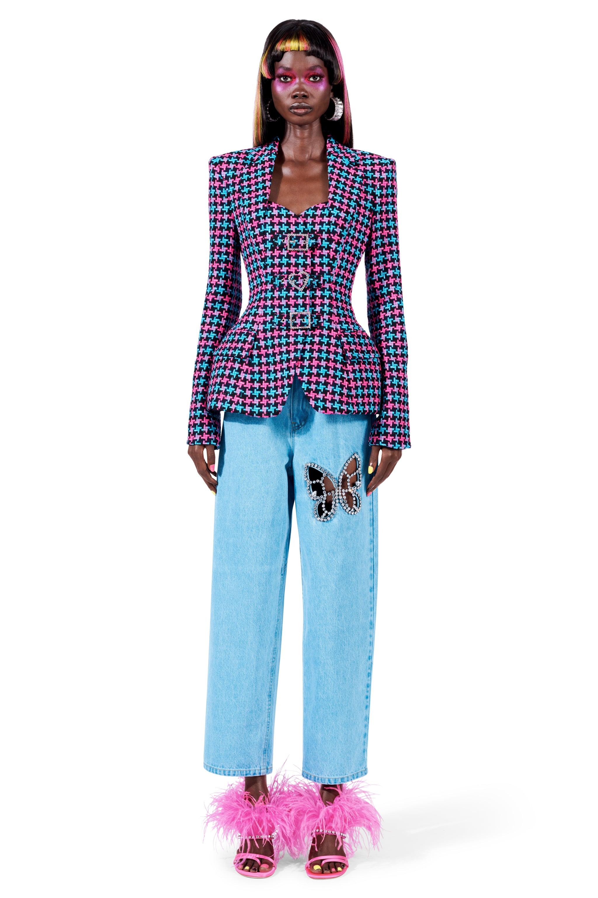 Area Wool Crystal Buckle Hourglass Blazer in Blue | Lyst
