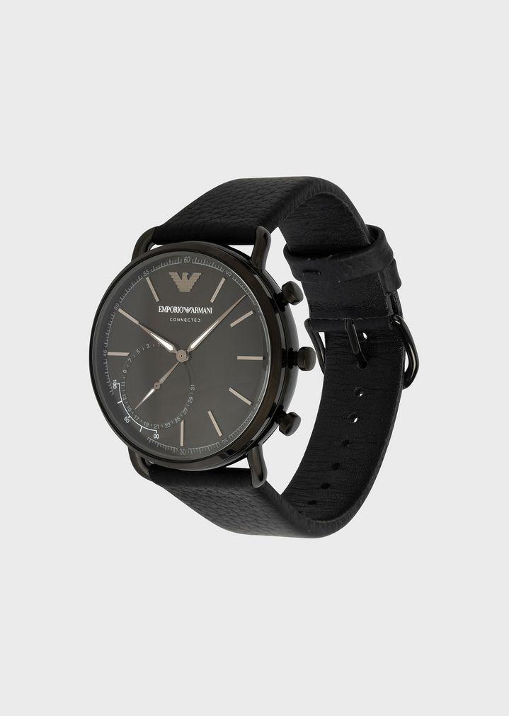 emporio armani hybrid smartwatch with hammered leather strap