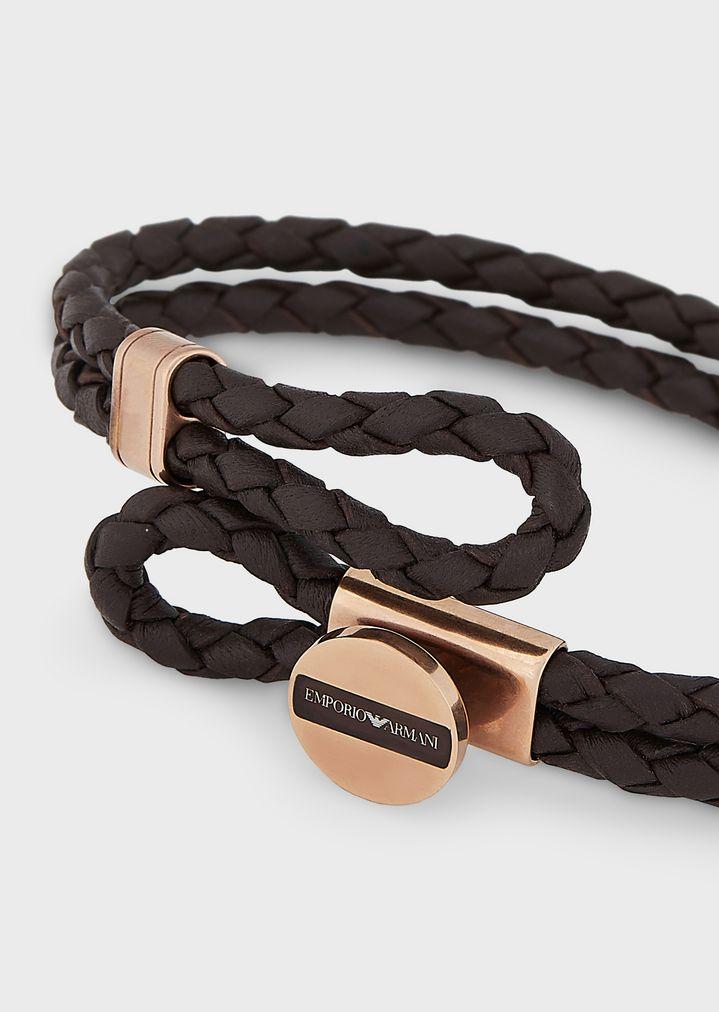 Emporio Armani Brown Signature Medallion And Woven Leather Men's Bracelet  for Men | Lyst