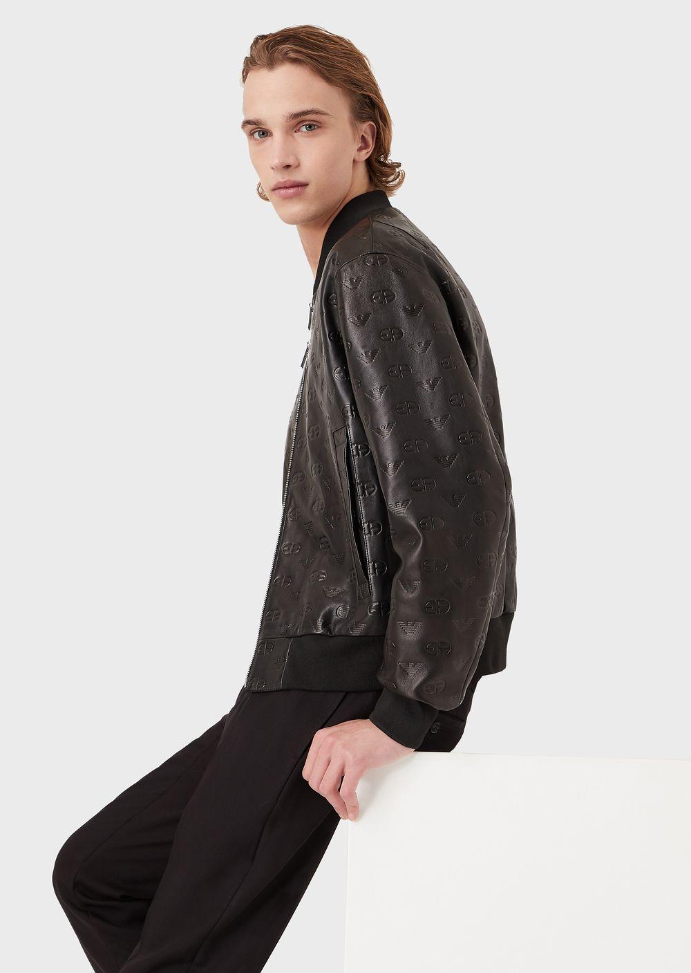 Emporio Armani Vegetable-tanned Nappa Leather Bomber Jacket With All-over  Embossed R-eacreate Logo in Black for Men | Lyst