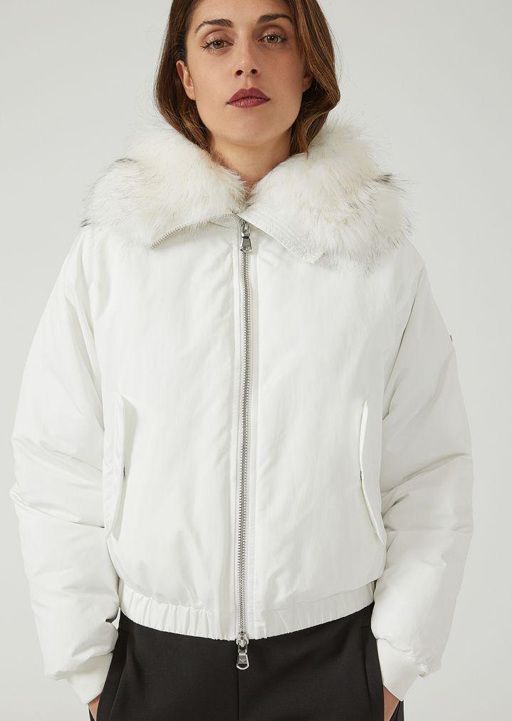 emporio armani cropped padded jacket with faux fur hood