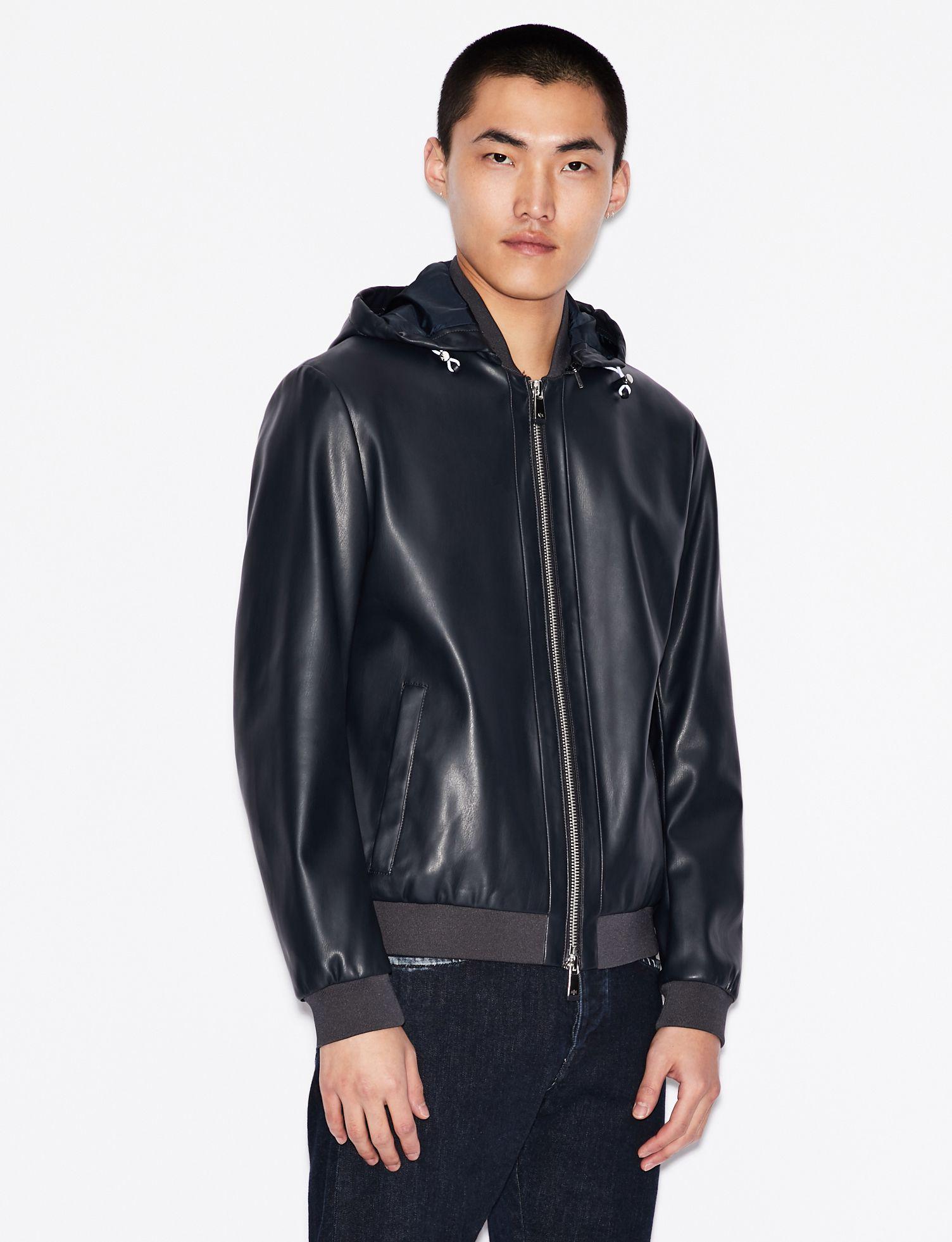 Armani Exchange Synthetic Hooded Fauxleather Jacket in Navy Blue (Blue