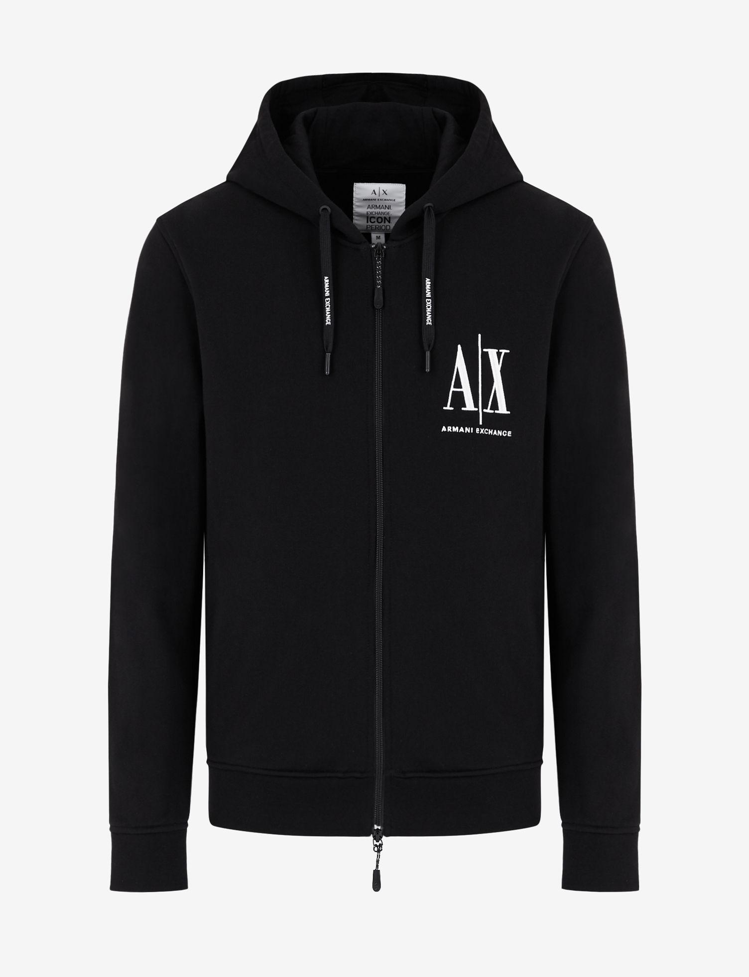 Armani Exchange Cotton Zipup Hooded Icon Logo Sweatshirt in Black for