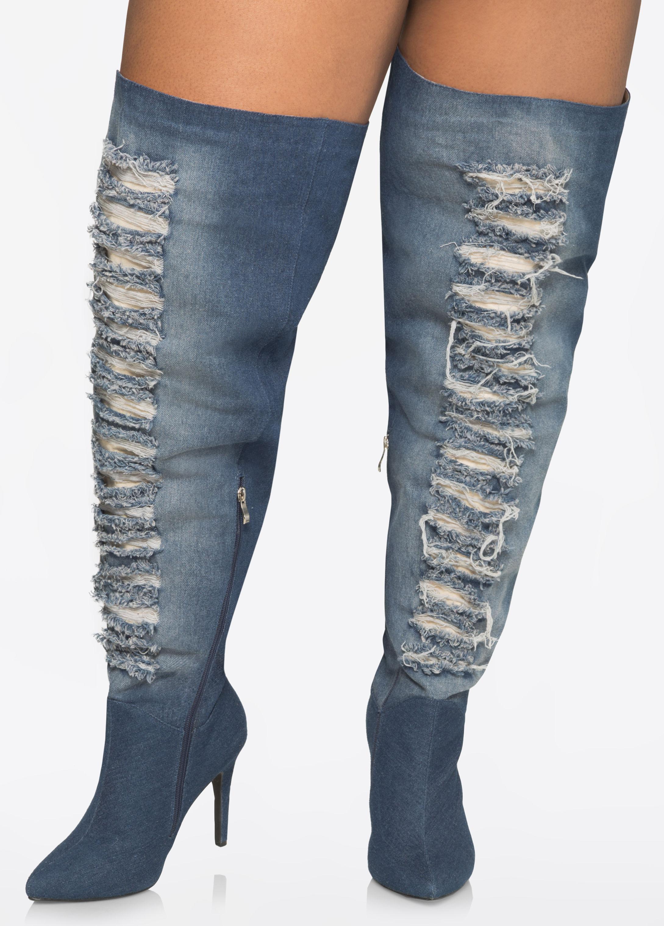 denim thigh high boots wide calf