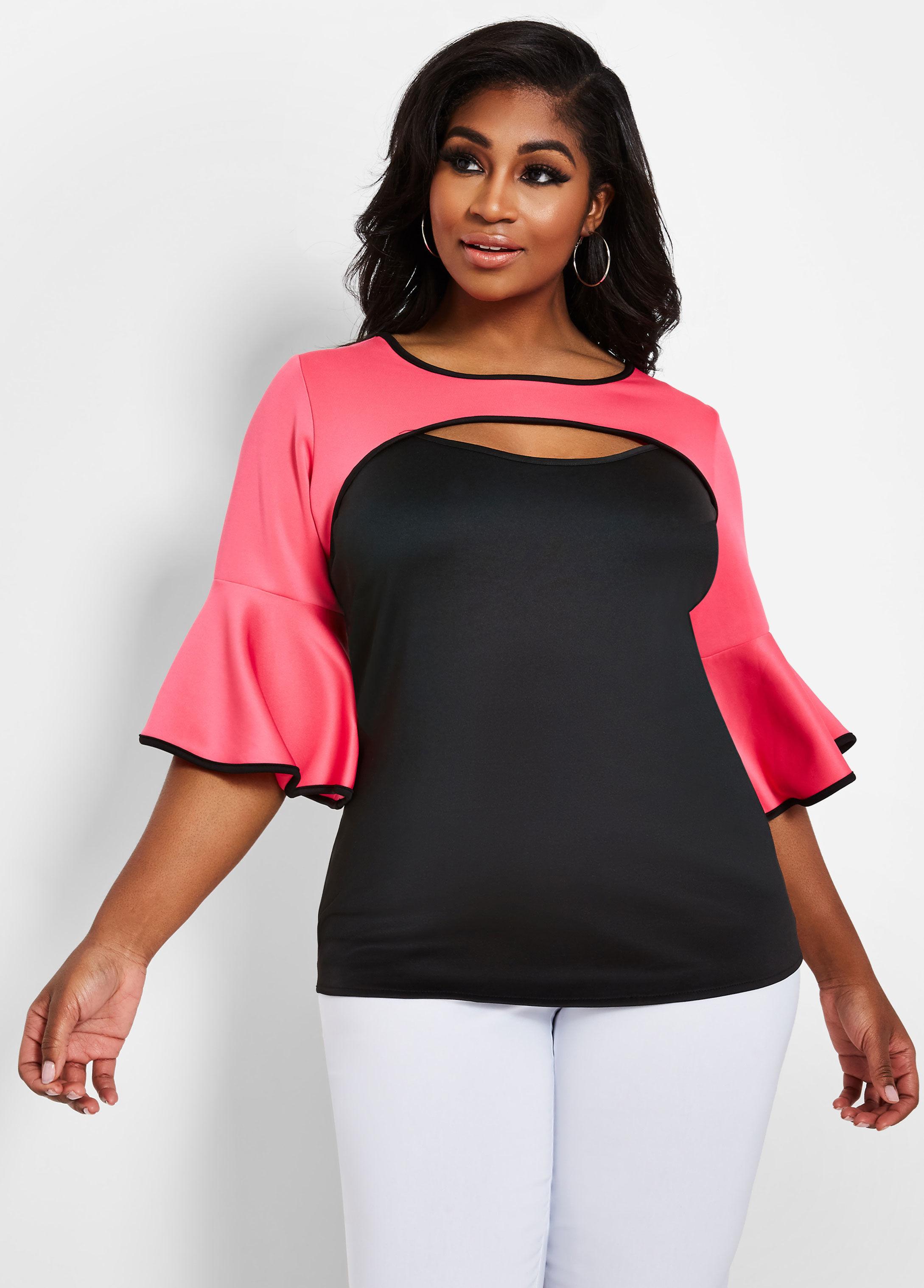 Ashley Stewart Plus Size Cutout Color Block Top in Pink - Lyst