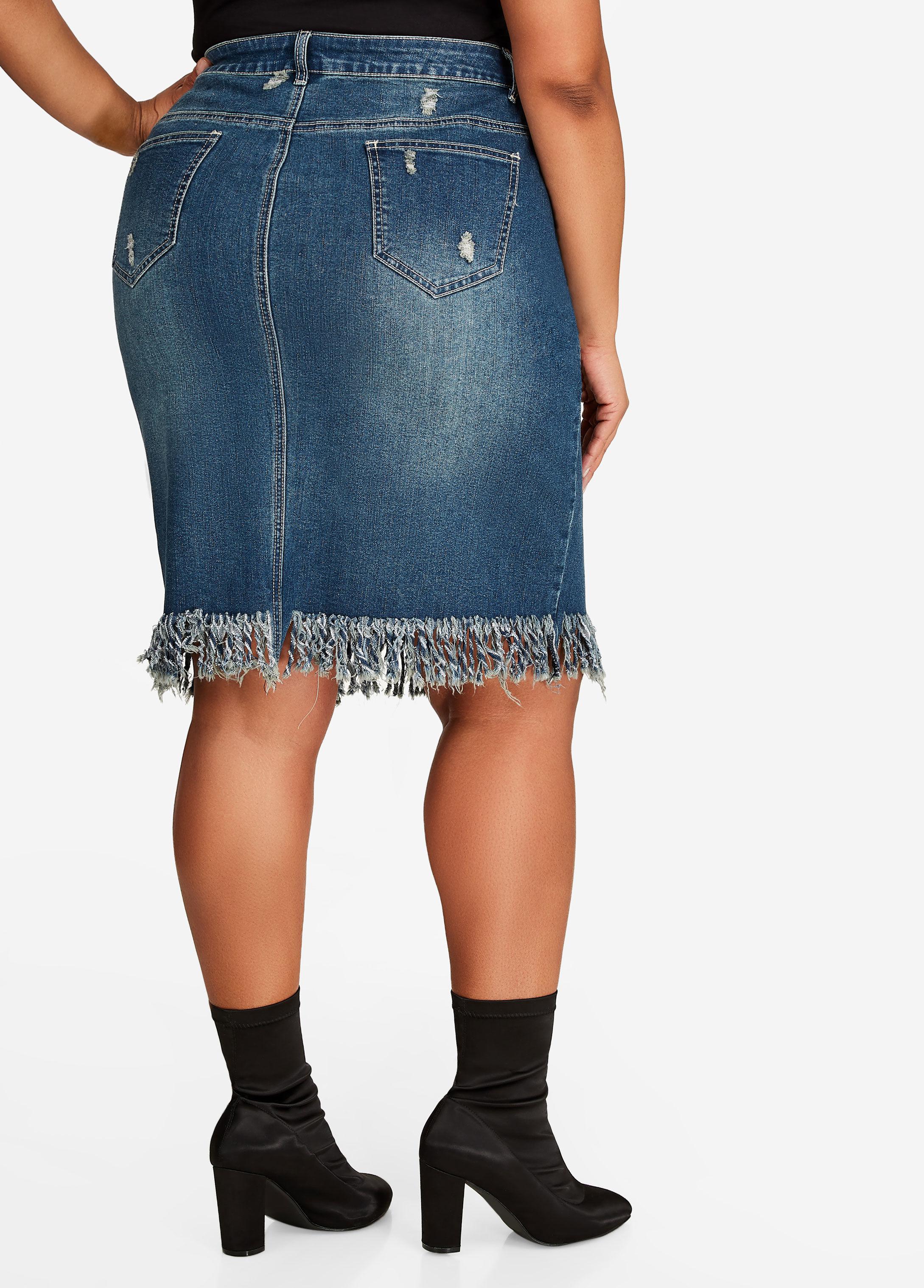 fringe hem denim skirt