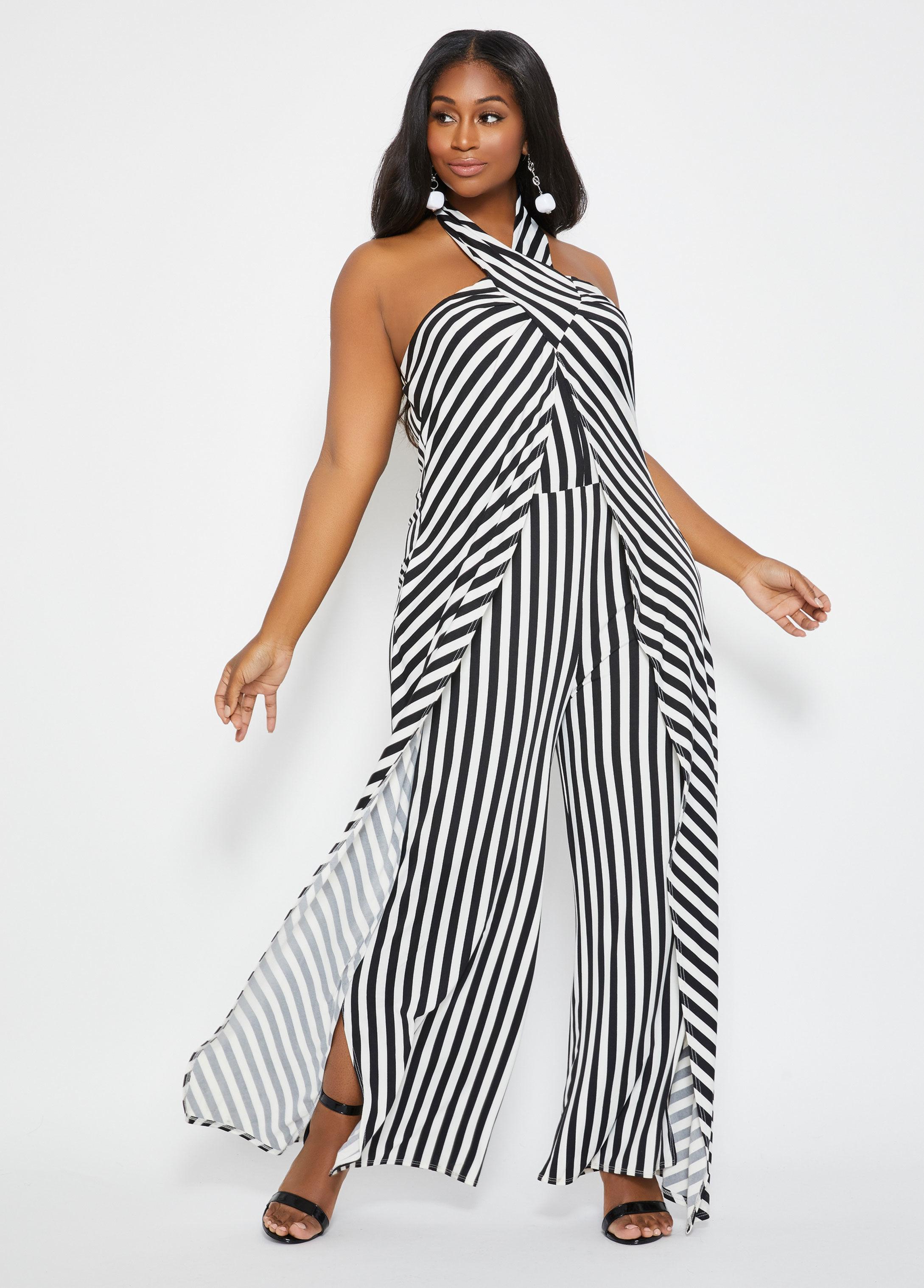 black and white striped jumpsuit plus size