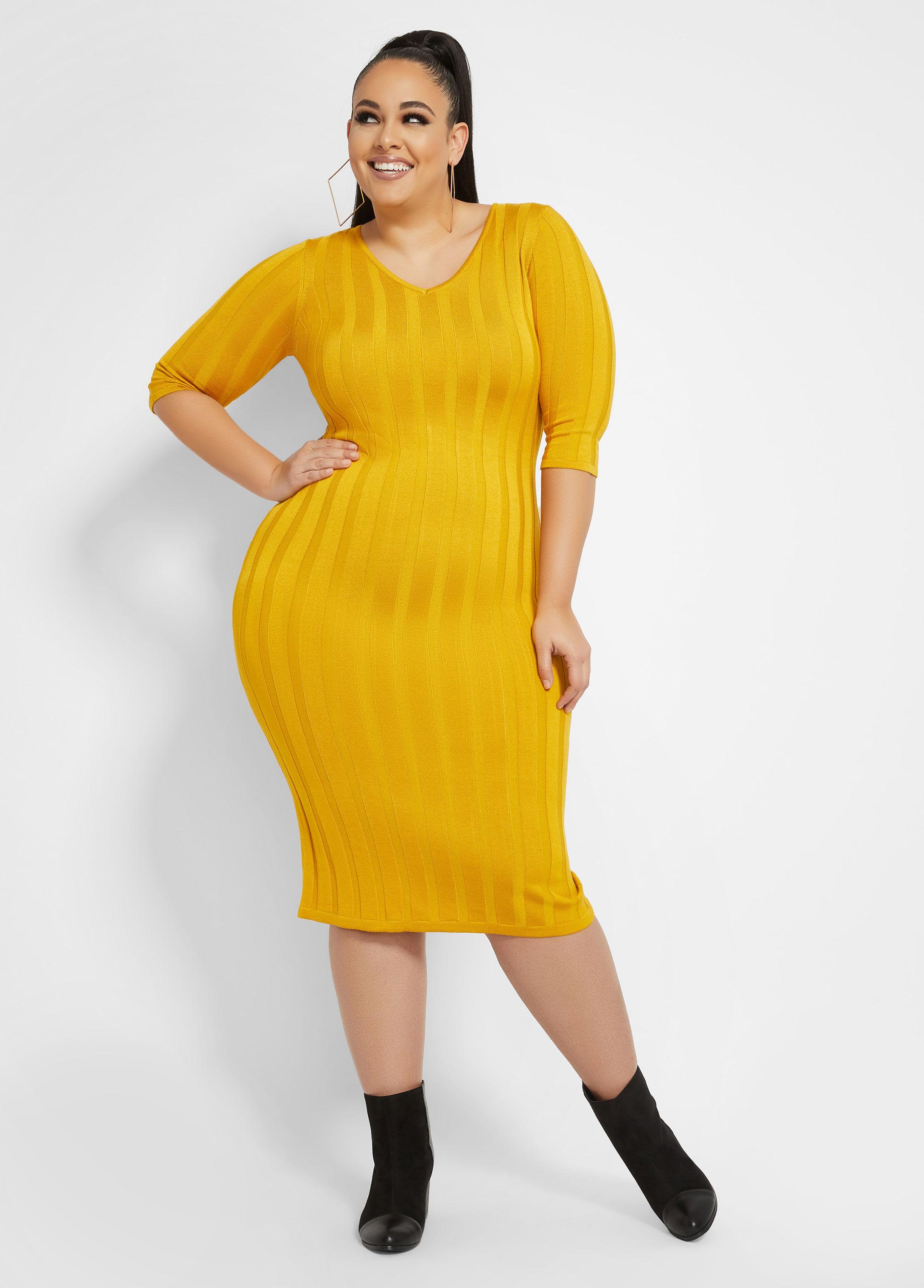 yellow ribbed midi dress